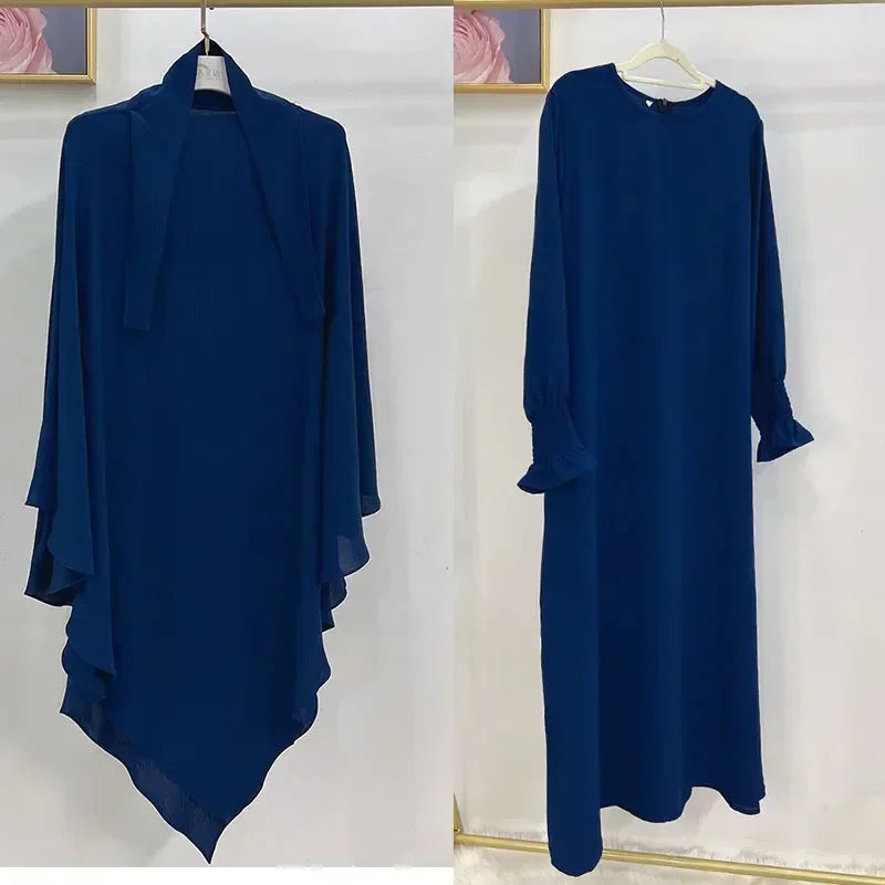 Abaya and Khimar Set Jilbab 2 Piece Ramadan Long Hijab Dress Muslim Prayer Clothes Jilbabs for Women Turkey Islam Dubai Outfit