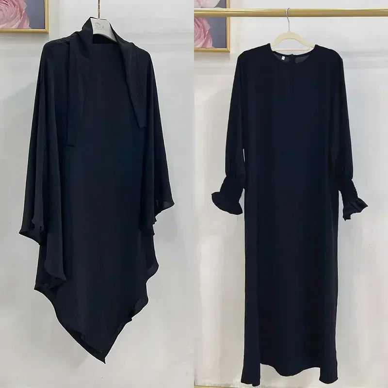 Abaya and Khimar Set Jilbab 2 Piece Ramadan Long Hijab Dress Muslim Prayer Clothes Jilbabs for Women Turkey Islam Dubai Outfit